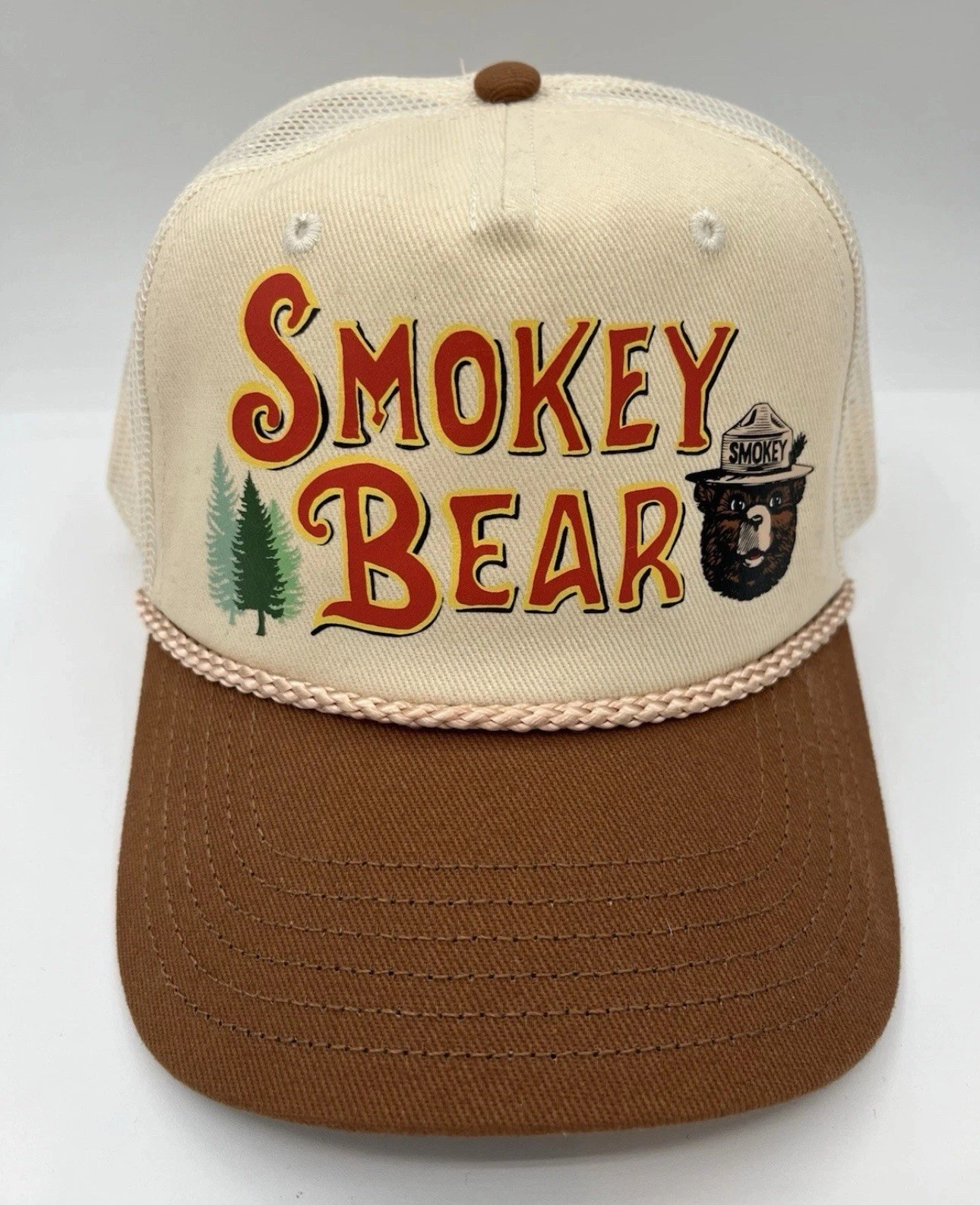 Smokey The Bear Rope Hat Brown and White Snapback Mad Engine Adjustable NWT