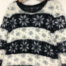 Style & Co. Sweater Black White Snowflake Fuzzy Knit Crew Neck Pullover
