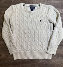 Polo Ralph Lauren Sweater Youth 7 Cream Cable Knit Cotton Crewneck Preppy