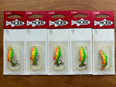 5 NOS USA ORIGINAL Acme Phoebe 1/8oz Firetiger HOT Color Walleye Trout Bass