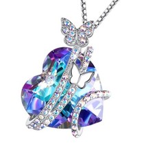 Women's Blue and Purple Butterflies Crystal Heart Pendant w/ CZ Stones  Box