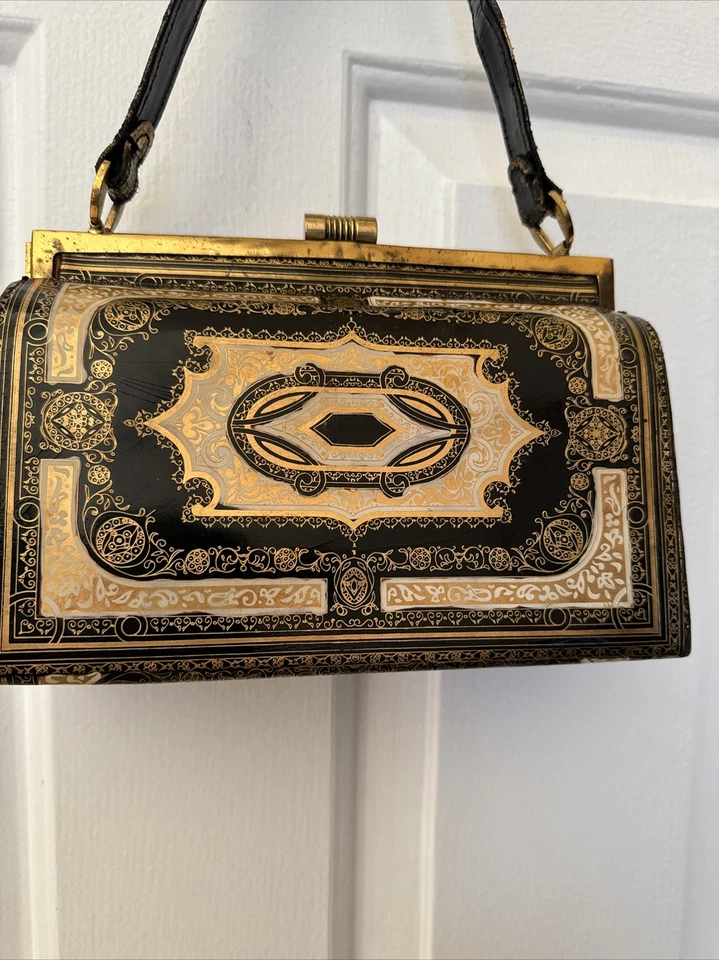 Bolsa de couro vintage estampada feita na Itália folha de ouro preto/branco retrô com espelho - Imagem 3 de 4