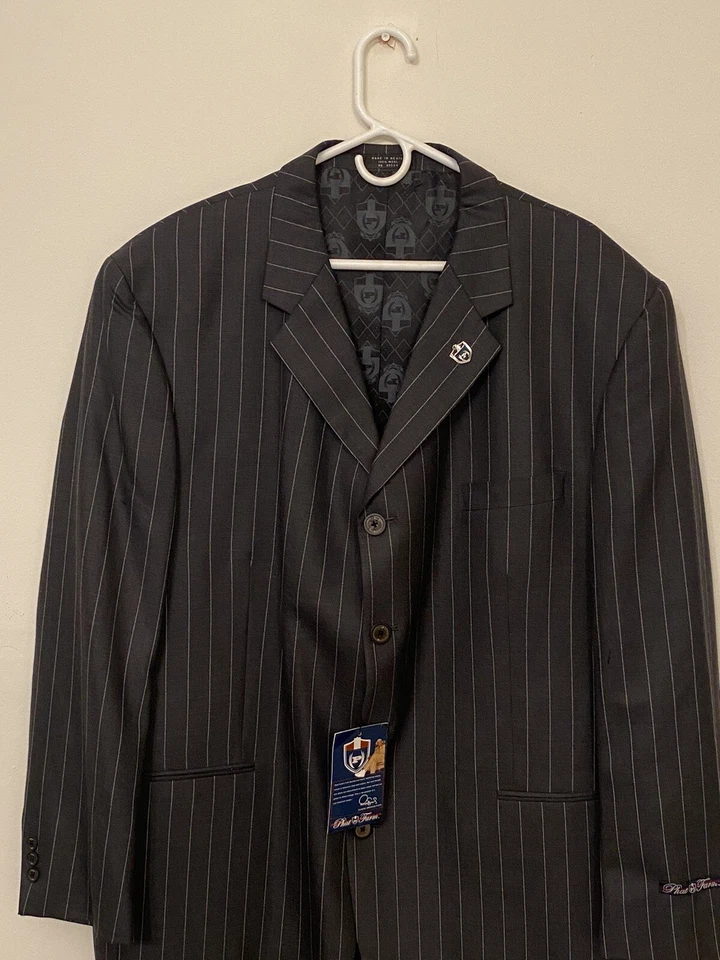 Traje Chaqueta Blazer Phat Farm Para Hombre 100% Lana Gris Oscuro 48R Rayas 4 Botones Foto 2 de 4