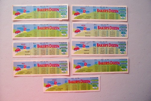 (353C) PENNSYLVANIA LOTTERY 9 MACHINE TICKETS 1974 BAKERS DOZEN 9 DIFF. CARS
