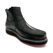 Men’s Black Leather Square Toe Short Ankle Stingray Print Embossed Cowboy Boot