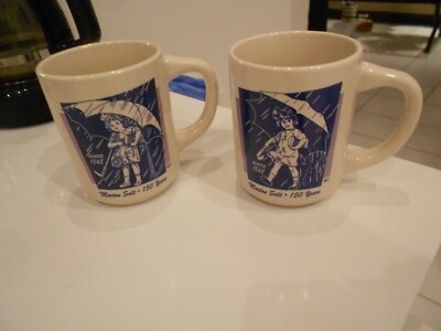 vintage morton salt 150 yrs. 1921 & 1914 mugs (2) bryan 3 1/2'' high vg++ cond.
