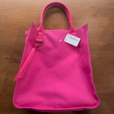 Neiman Marcus Glossy Hot Pink Vinyl and Canvas Small Tote Handbag NWT