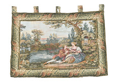 Vintage Woven French Tapestry Medeival Pictor...