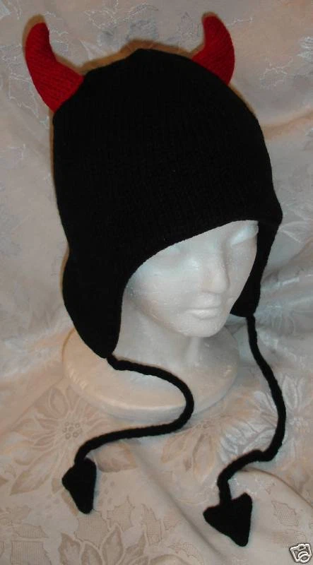 deLux BLACK DEVIL HAT knit ADULT ski cap evil horns costume LINED mens womens
