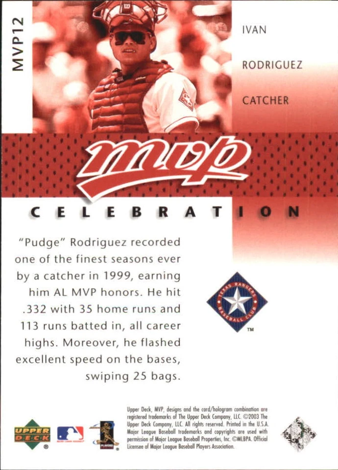 2003 Upper Deck MVP Celebration #12 Ivan Rodriguez MVP/1998 - NM-MT - Image 2 of 2