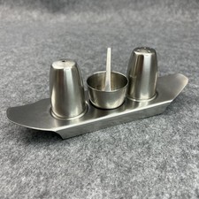 Stainless Steel Salt & Pepper Mustard Pot Spoon on Stand Vintage Old Hall Cruet