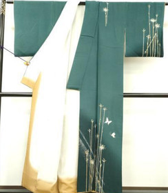 Deep Teal Firefly LONG Vintage Hand Paitned Japanese Silk Kimono Robe Dress 6569