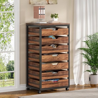 7-Drawer File Cabinet, Industrial Wood Mobile Storage Drawer Unit with Wheels