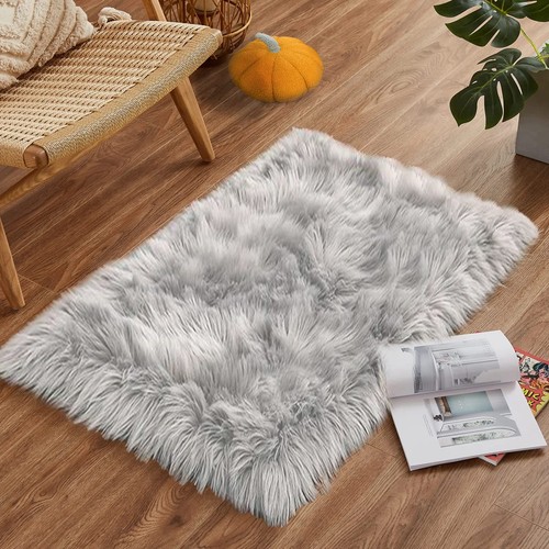 Fluffy 2x3 FT Rectangle Grey Area Rug, Faux Sheepskin Fur, High Pile ...