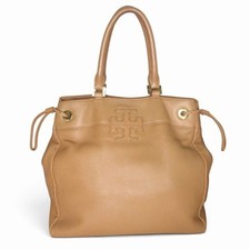 Tory Burch Tote Bag Leather Double T Logo Drawstring Beige