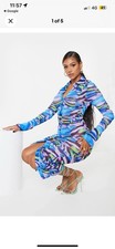 Pretty Little Thing blueprint mesh ruched long sleeve midi Dress UK 10 Women