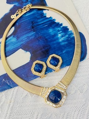 Christian Dior Vintage Lapis Foil Crystals Octagon Openwork Ribbed Omega 2 Set