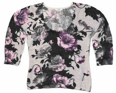 Vintage 80s 90s Cache Womens M Floral Lambswool Angora Sweater 3/4 Sleeve
