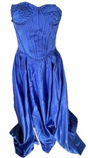 Blue Satin Beaded Lace Up Corset Prom Ballgown Dress Sleeveless Strapless Long