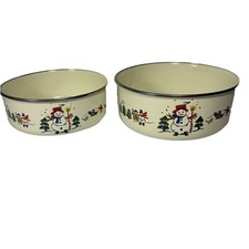 Vintage Set of 2 Pfaltzgraff Snow Village Enamel Metal Bowls Snowman Farm Scene