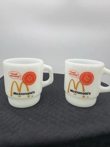 Vtg Anchor Hocking Set Of 2 McDonald's Good Morning Coffee Mug White Milk Glass