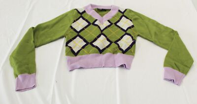 Shein Women's Casual Long Sleeve Argyle Pattern V-Neck Sweater MR2