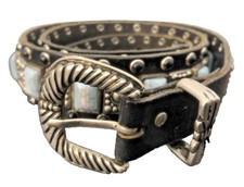 RARE NANNI BLACK LEATHER METAL STUDDED BLUE STONE WOMENS SILVERTONE BELT - 32