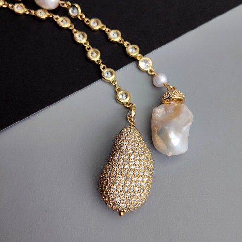 47" White Baroque Pearl Cz Pave Rosary Chain Loop Long Necklace