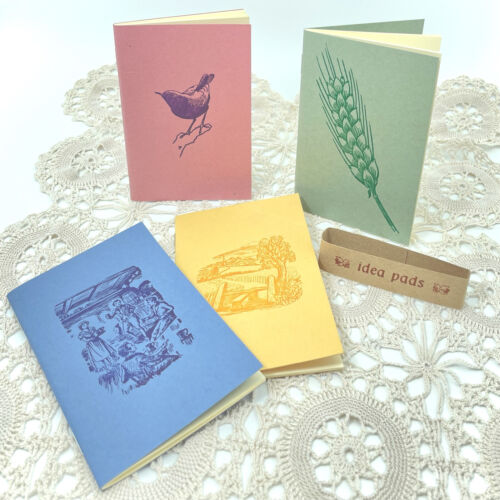 4 VINTAGE MINI SOFTCOVER  HAND PRINTED NOTEBOOKS - IDEA PADS BY SORT DESIGNS - Picture 1 of 8