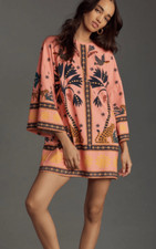 Farm Rio Anthropologie Printed Shift Mini Dress bell sleeves oversized pink comb