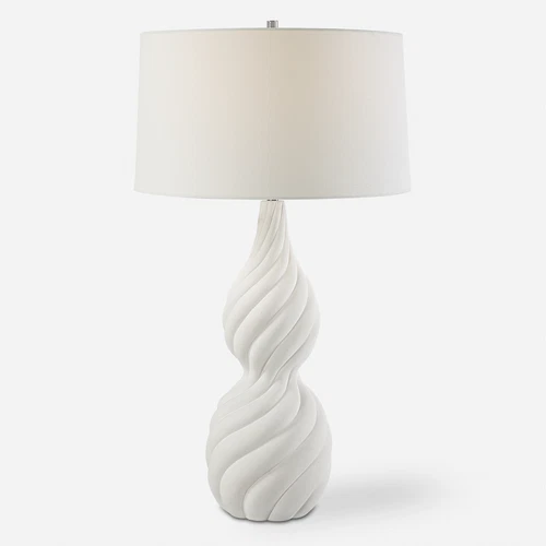 Elegant Twisted Ceramic Swirl Chalk White Table Lamp 32 in Gourd Shape Ribbed - Picture 1 of 7