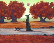 8x10 PRINT OF PAINTING RYTA HALLOWEEN SALEM BLACK CAT Folk vintage style art Odd
