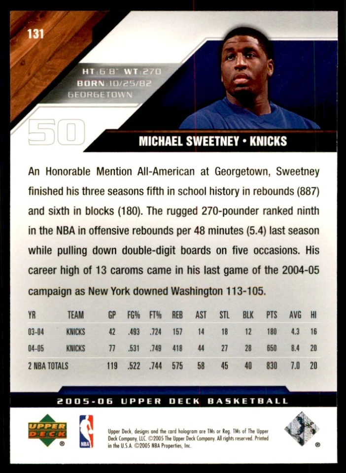 2005-06 Upper Deck: Michael Sweetney Basketball Cards #131 - Image 2 of 2