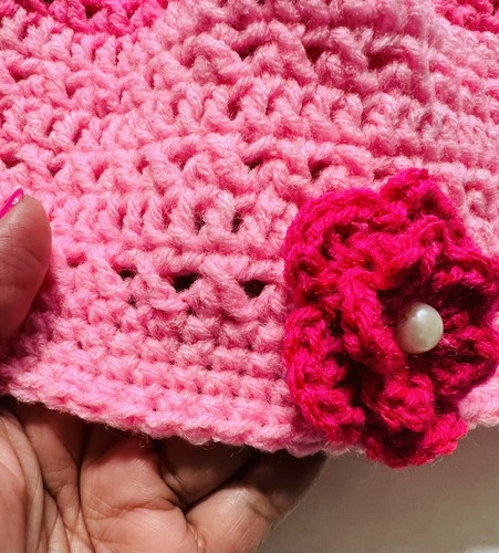 Breast Cancer chemo WOMEN Crochet Beanie Hat Unisex Ski Cap Large pink flower - Picture 6 of 7