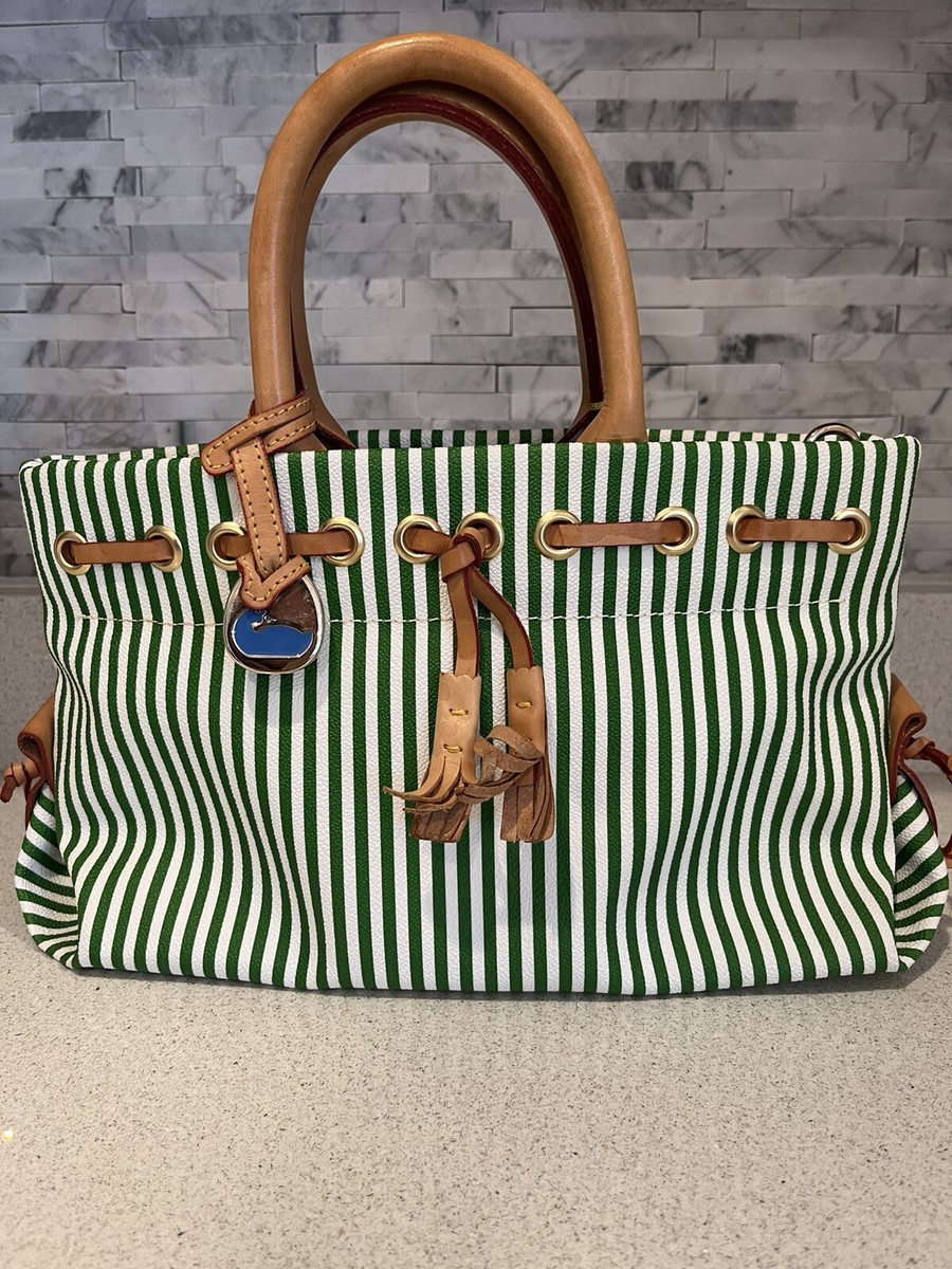 EUC Dooney Bourke Green White Striped Coated Tote, Bag