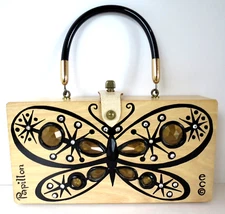 NEAR MINT - Enid Collins Of Texas Wood Purse Box Bag - Papillon - Butterfly