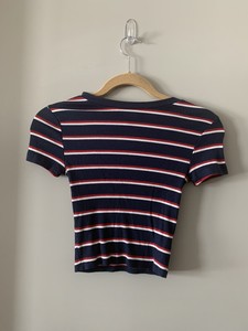 Juniors H M Divided Navy Blue Ribbed Striped Short Sleeve Crop Cropped Top Xs Ebay