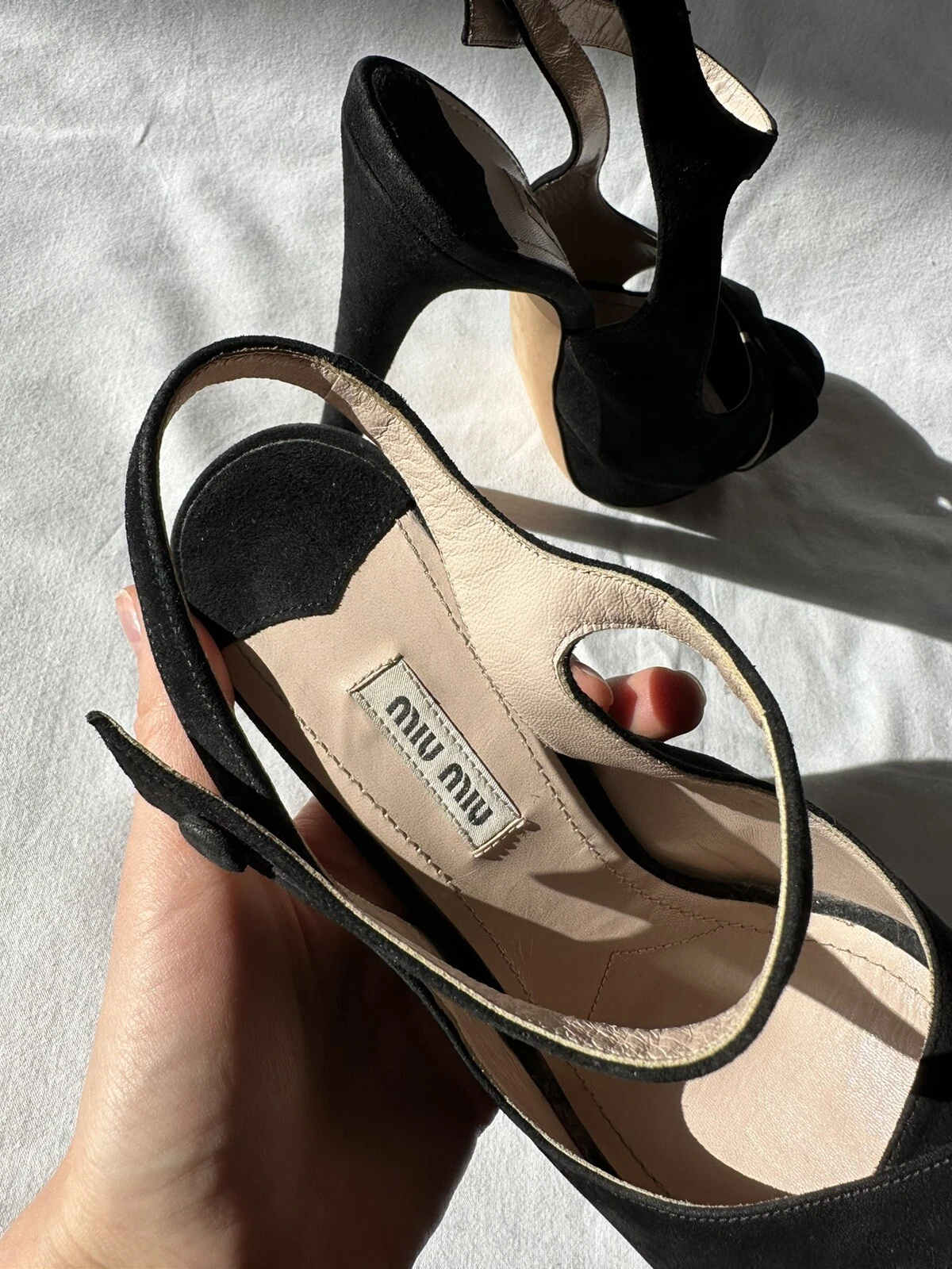 Miu Miu sandalo nero scamosciato punta aperta cinturino plateau slingback pompa tg 39