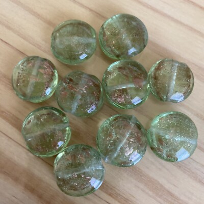 10 LIGHT MINT GREEN  W/ GOLD 20mm  ROUND FLAT Lampwork Glass  Jewelry DIY Making