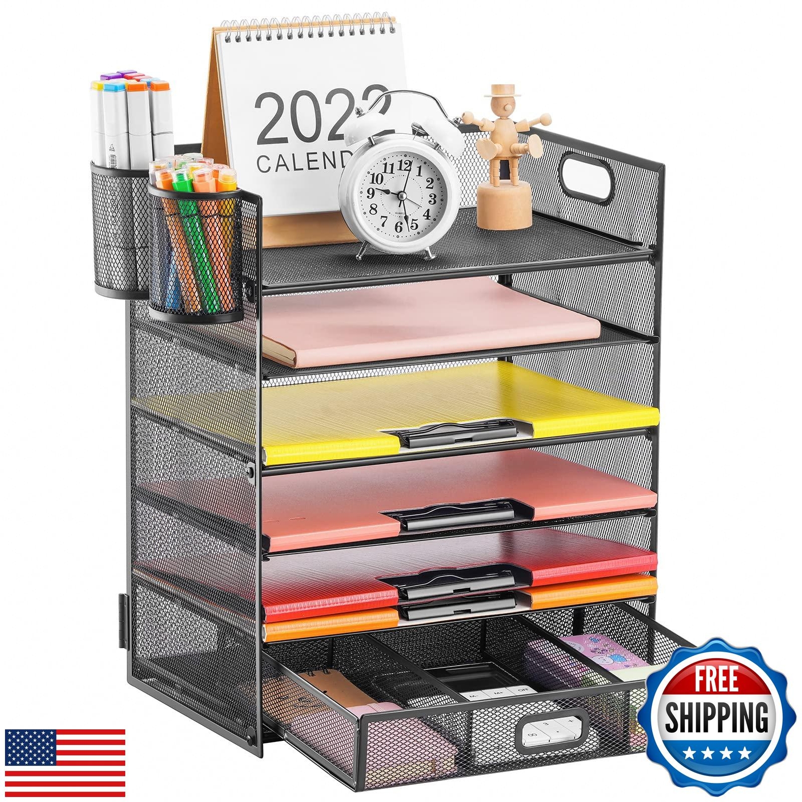 Lavatino 6 Tray Paper Organizer Letter Tray with Drawer - Mesh Desk File Orga-image