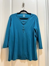 Duluth Trading Company teal Henley Long Sleeve Shirt XL 100% Cotton Length 27”