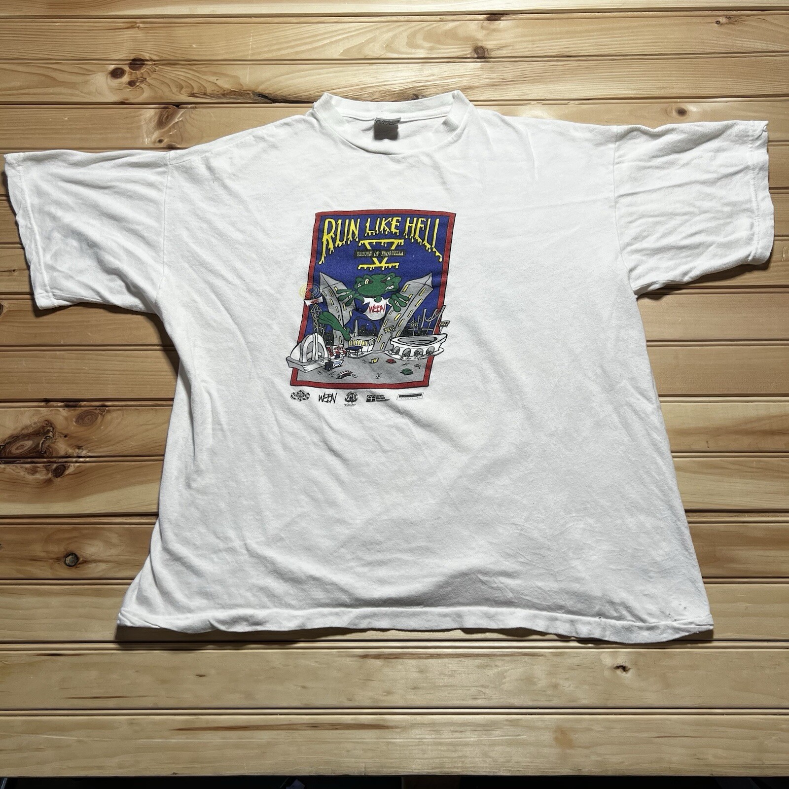 Vintage 80s 90s WEBN Run Like Hell Frogzilla Godzilla Radio Station Shirt - XL