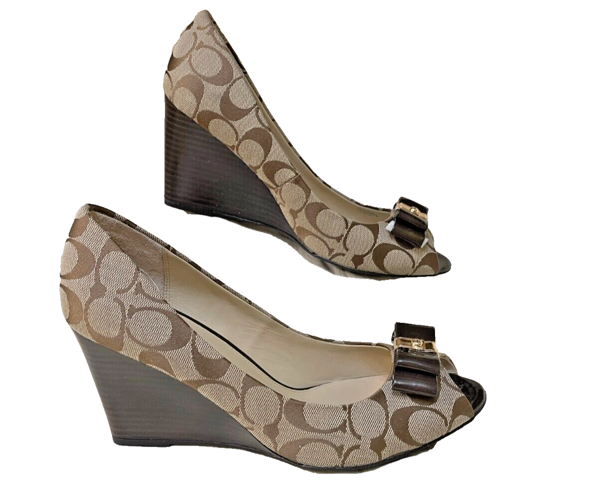 Coach Brown Monogram Signature Slip On peep Toe Wedge heel Shoes