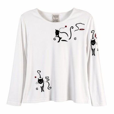 Allison Daley Long Sleeve Shirt Womens Large White Cat Embroidery Beaded Top