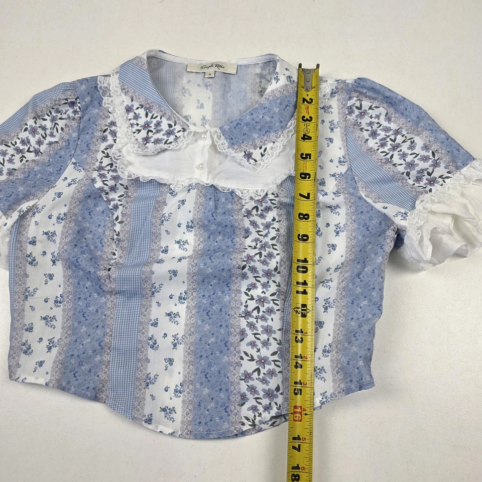 Camisa Retro Simple Mujer Mediana Azul Blanco Floral Encaje Cuello Peter Pan Blusa Foto 3 de 4