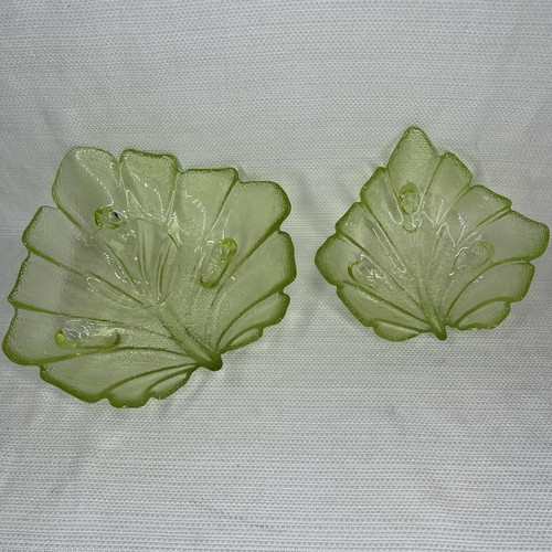 Green Glass Leaf Shaped Candy/Snack Dishes Set