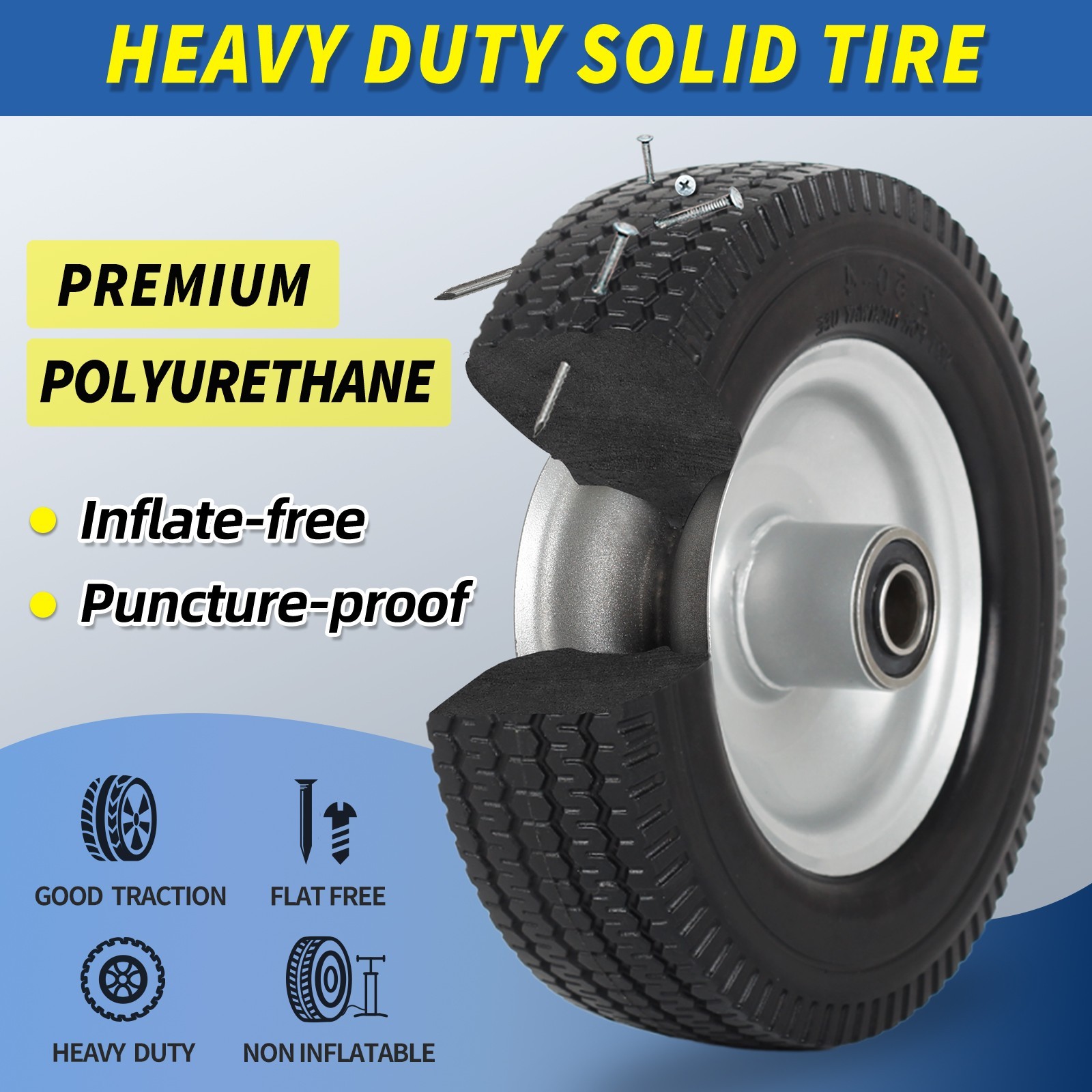 2-Pack 8 x 2.50-4 Solid Flat free Tire & Wheel for Hand Truck Trolley Cart