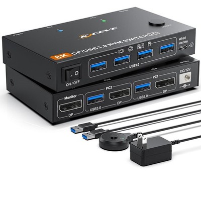 KCEVE KVM Switch 2 Computer 1 Monitor Displayport 4K@240Hz 8K@60Hz, USB 3.0 K...