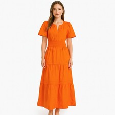 Quince SZ S 100% Organic Cotton Tiered Maxi Dress Vermilion Red NWT