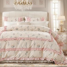 Pink Ruffle Duvet Cover Set King Size 100 Washed Cotton Cute Floral Comforte...